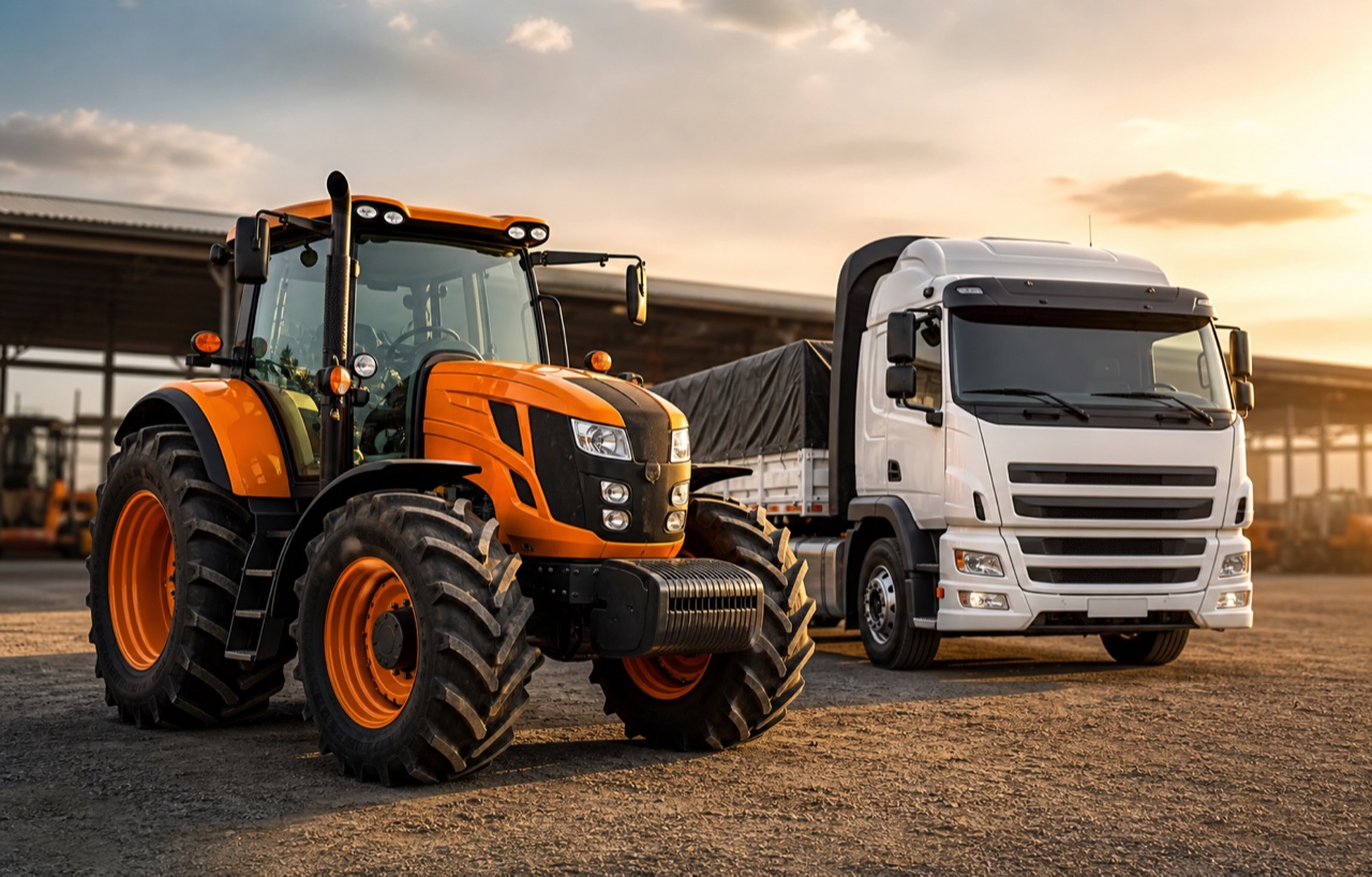 Trator agrícola e caminhão em ambiente de manutenção