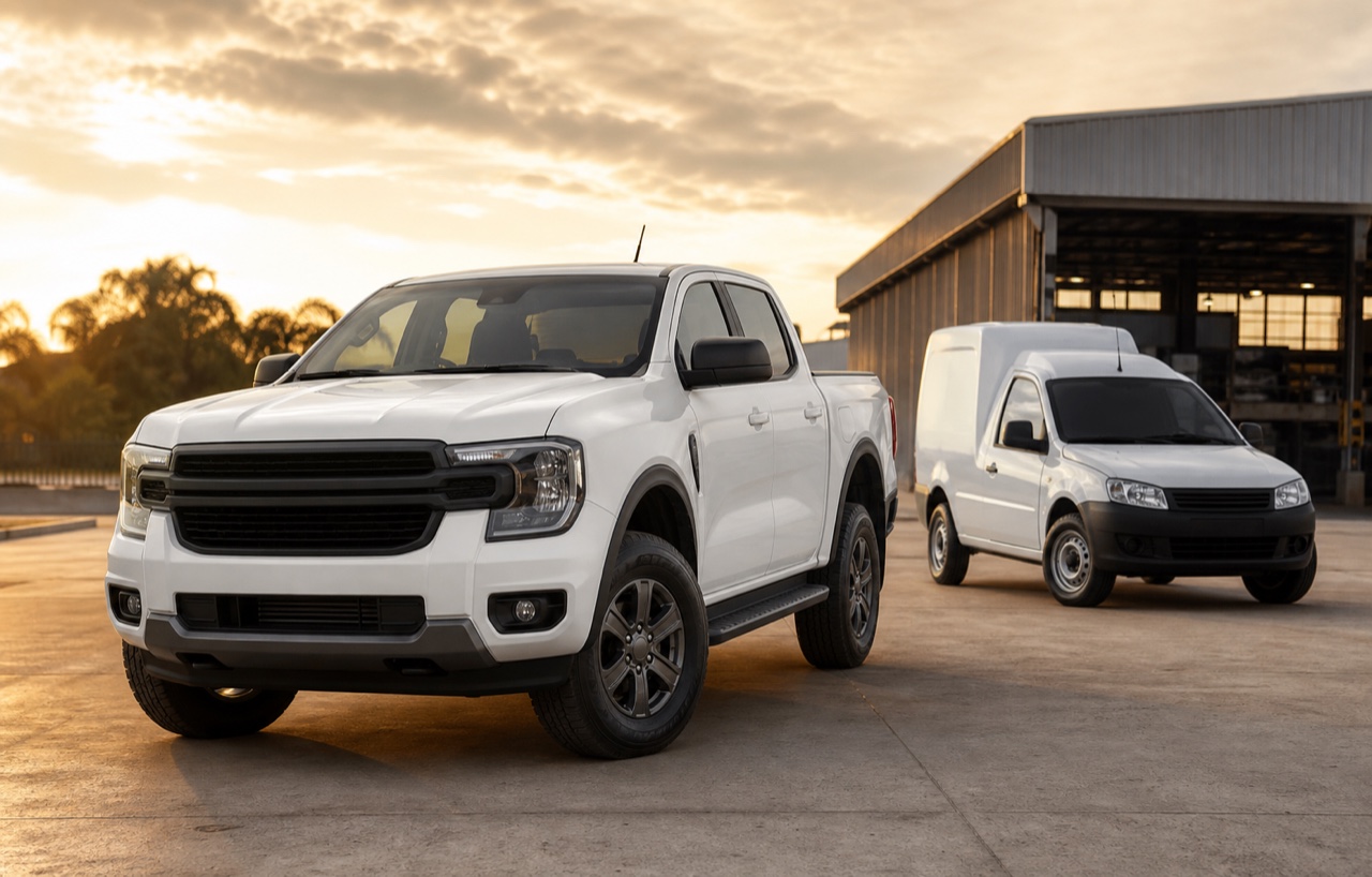 Caminhonete diesel e veículo utilitário em ambiente de oficina