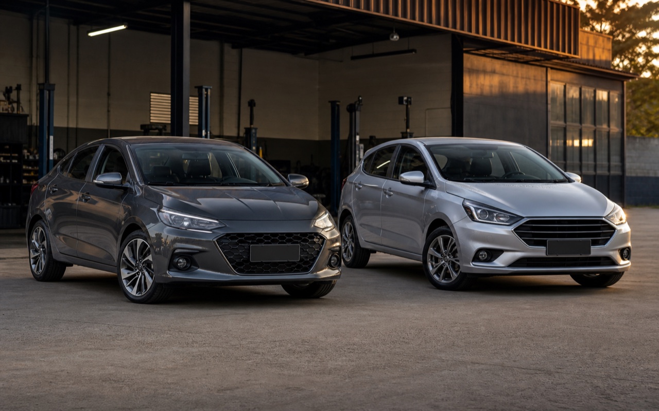 Carro sedã e hatch em ambiente de oficina