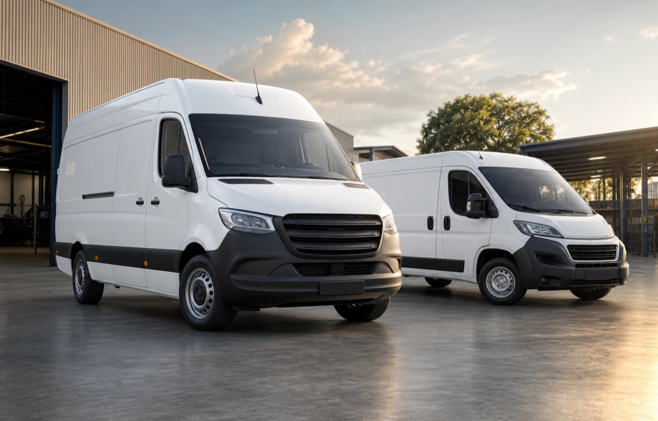 Duas vans comerciais em ambiente de oficina